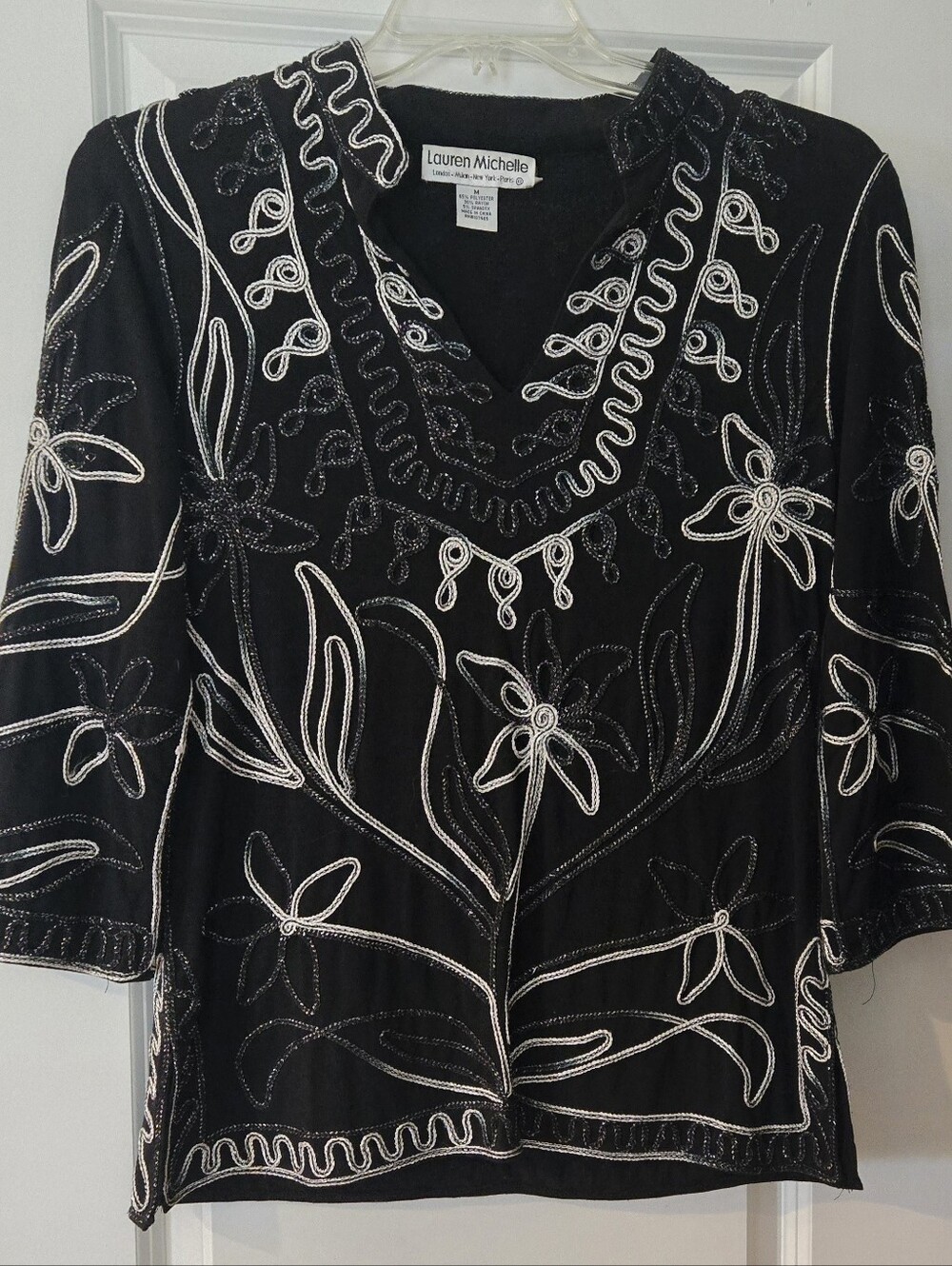 Lauren Michelle Black Beaded Floral V-Neck Tunic